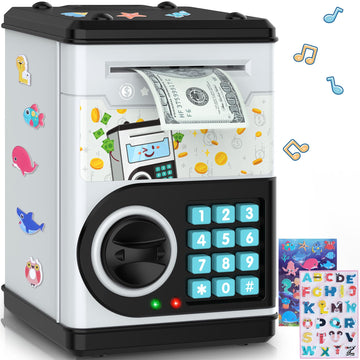 Gray Piggy Bank For Kids With Password Code Lock And Auto Grab Bill Slot, Philaeec Real Money Cash Coin Can Saving Box Electroni