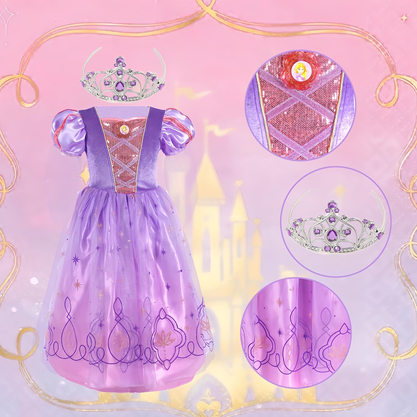Lingway Toys Luxury Girls Princess Dress Up Costumes,Rapunzel Cosplay Dress With Tiara Style C 5-6Years