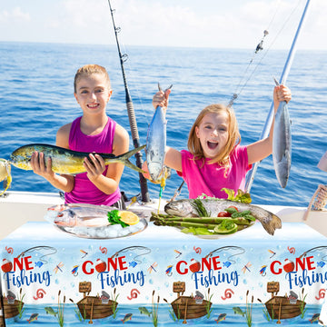 Grehumor 3Pcs Gone Fishing Tablecloth For Fishing Party Supplies Decoration Little Fisherman Themed Table Cover Plastic Disposab