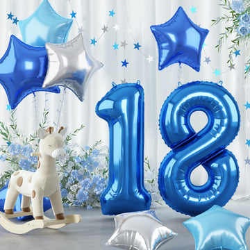 40 Inch Number 18 Balloons For Men, Dark Metallic Blue Large 18Th Birthday Balloon Decor, Silver Light Royal Sky Teal Blue Self