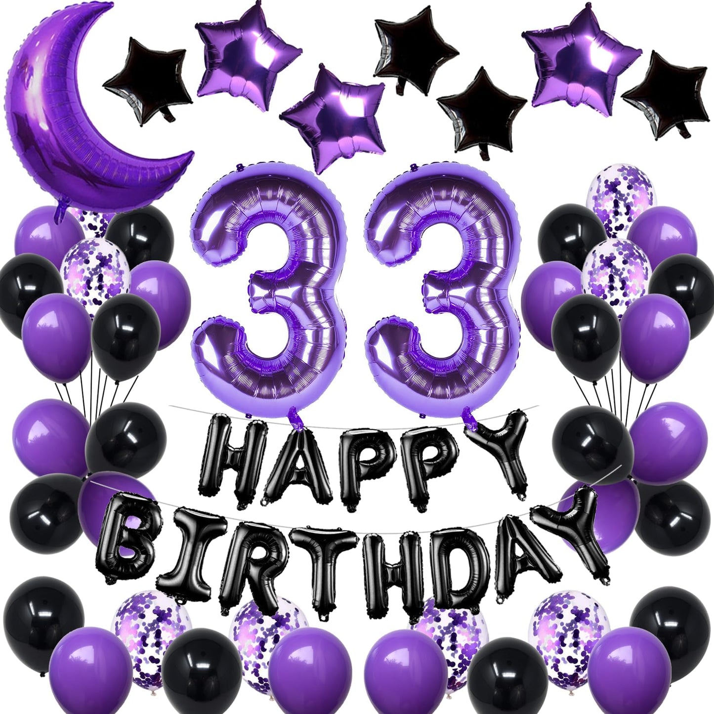 Naninuneno 33Rd Birthday Decorations Set For Girl Women Boy Men, Purple Black 33 Happy Birthday Balloons Supplies With Purple Nu