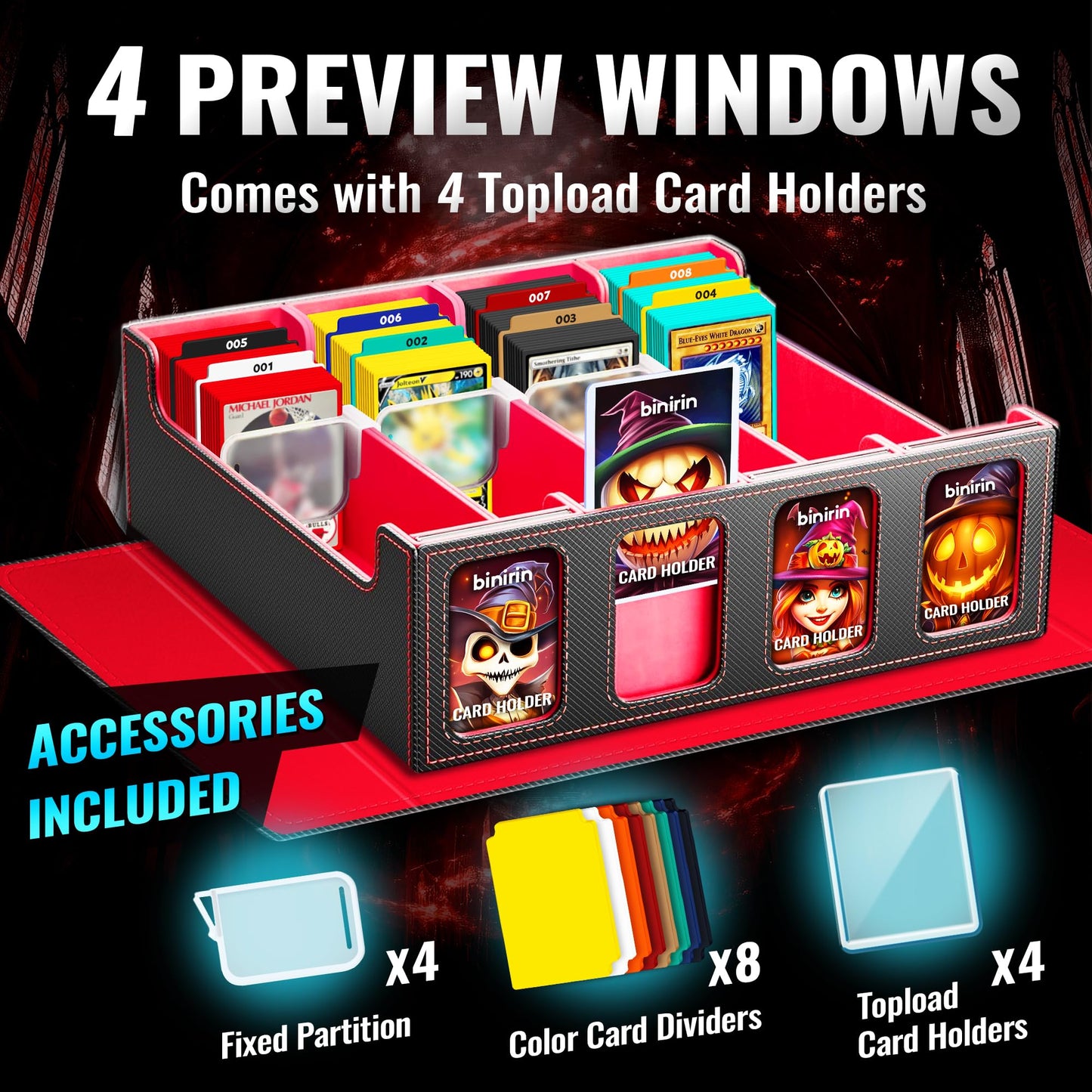 Binirin Trading Card Storage Box for Commander Display, 3000+ MTG Deck Box With 4 Toploaders & Supporters, PU Leather Case Fits