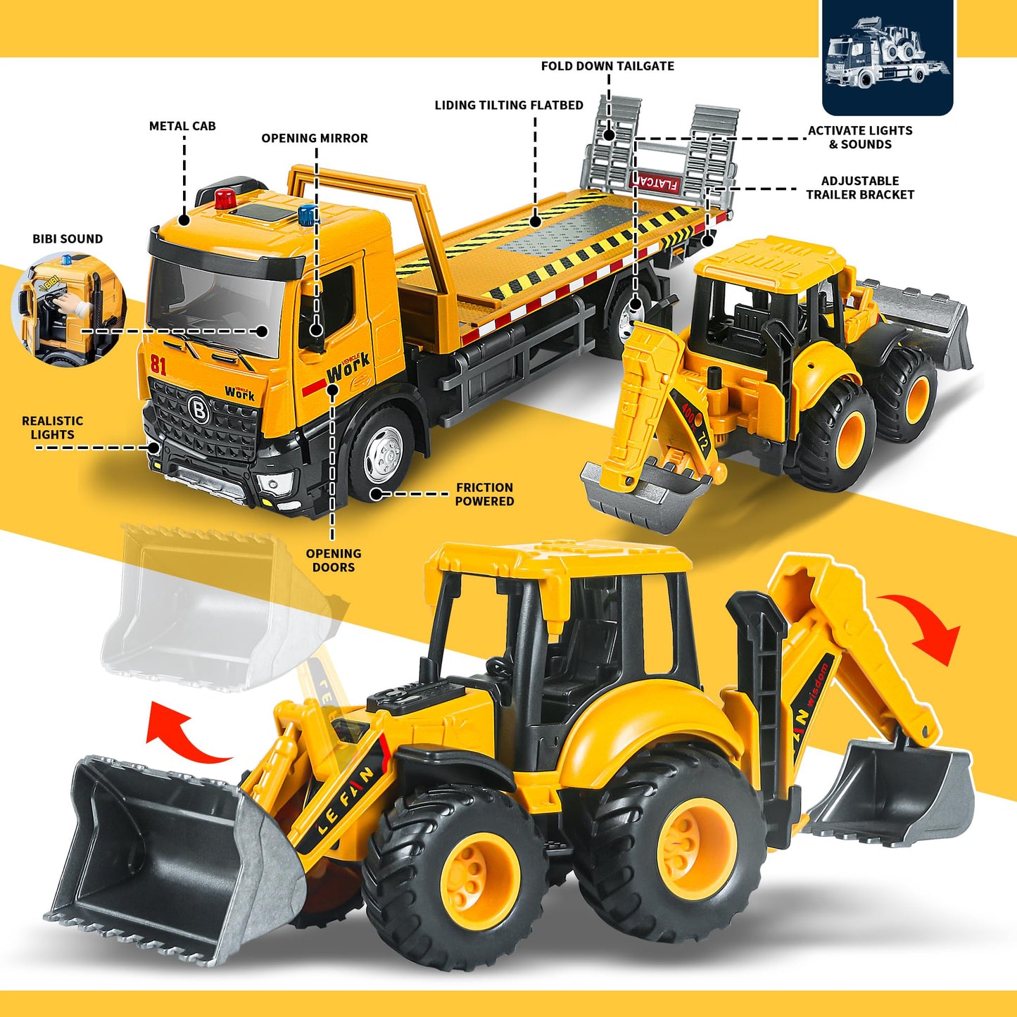 ID Gerilla Tow Truck Toy Metal Cab, Flatbed Construction Vehicles Toys with Backhoe Loader, Friction Powered Transport Trailers