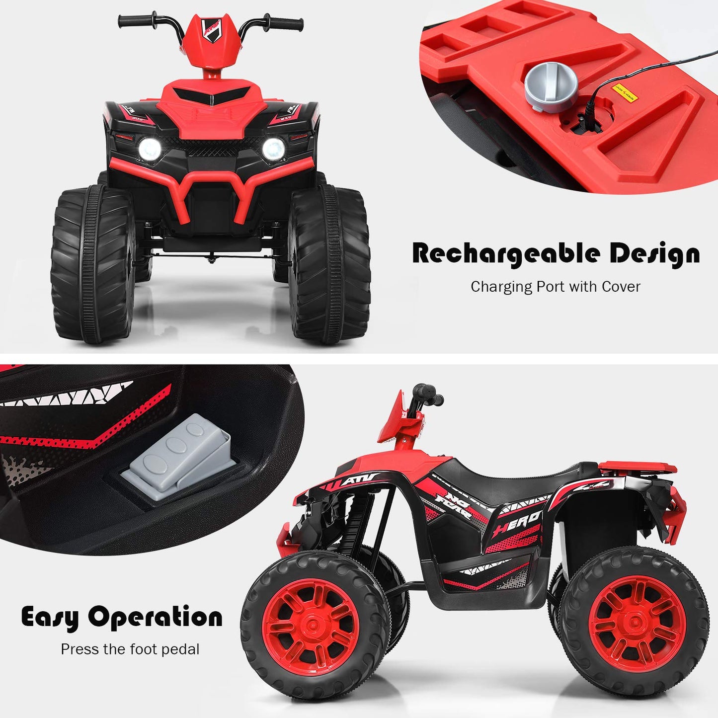 Costzon Kids ATV, 12V Electric Vehicle, Red, 42"x25.5"x29", LED Lights, Treaded Tires, Music & Horn for Boys & Girls