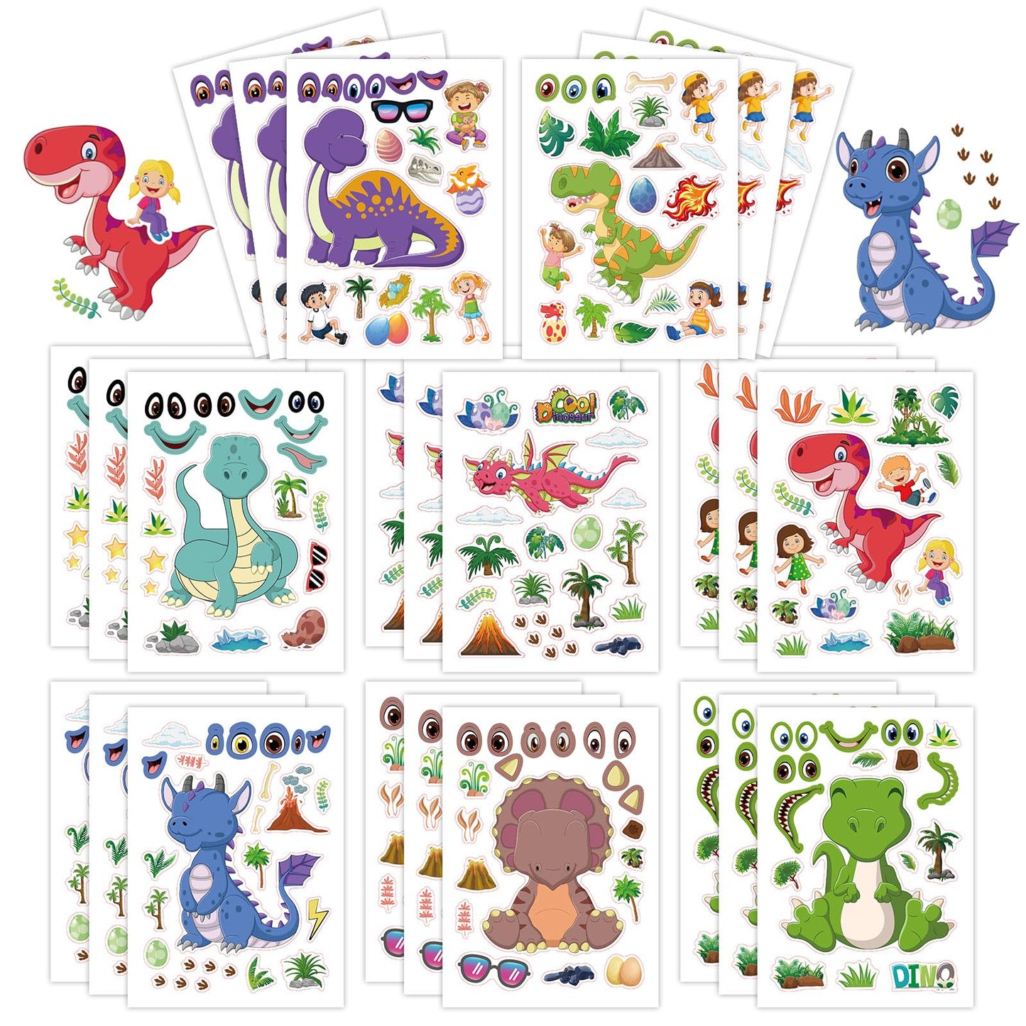 24 Sheets 8.3''  5.9'' Make Your Own Dinosaur Stickers For Toddlers Kids Party Favors, Make A Face Stickers For Kids Activities