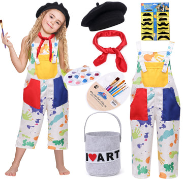 Tacobear Kids Artist Costume With Overalls Beret Beard Bow Tie Paint Bucket Brush, Halloween Career Day Outfit For Boys Girls
