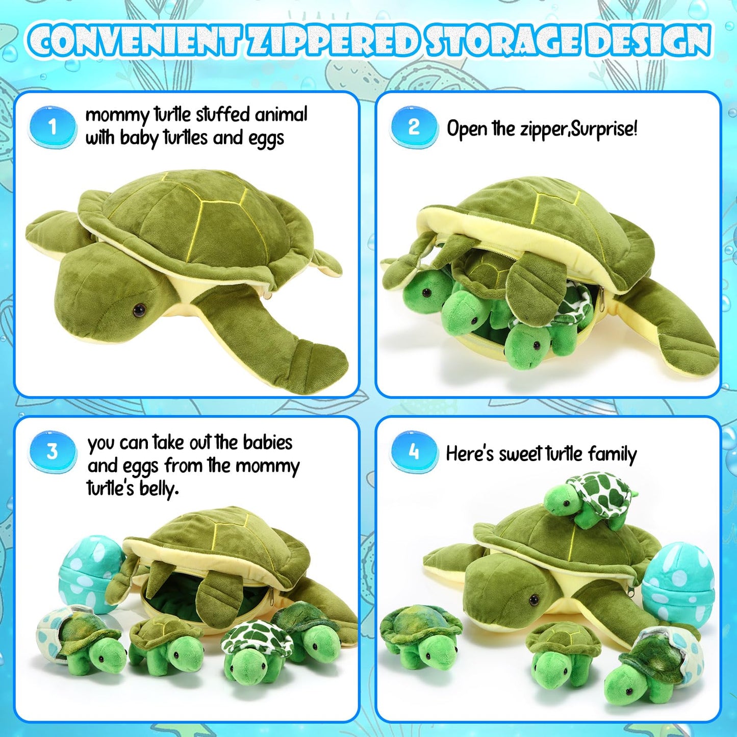 Aoriher 6 Pieces Turtle Stuffed Animal Set 12 Inch Stuffed Plush Sea Turtle Mom With 3 Babies And 2 Eggs For Kids Birthday Valentine‘S Day(Classic)