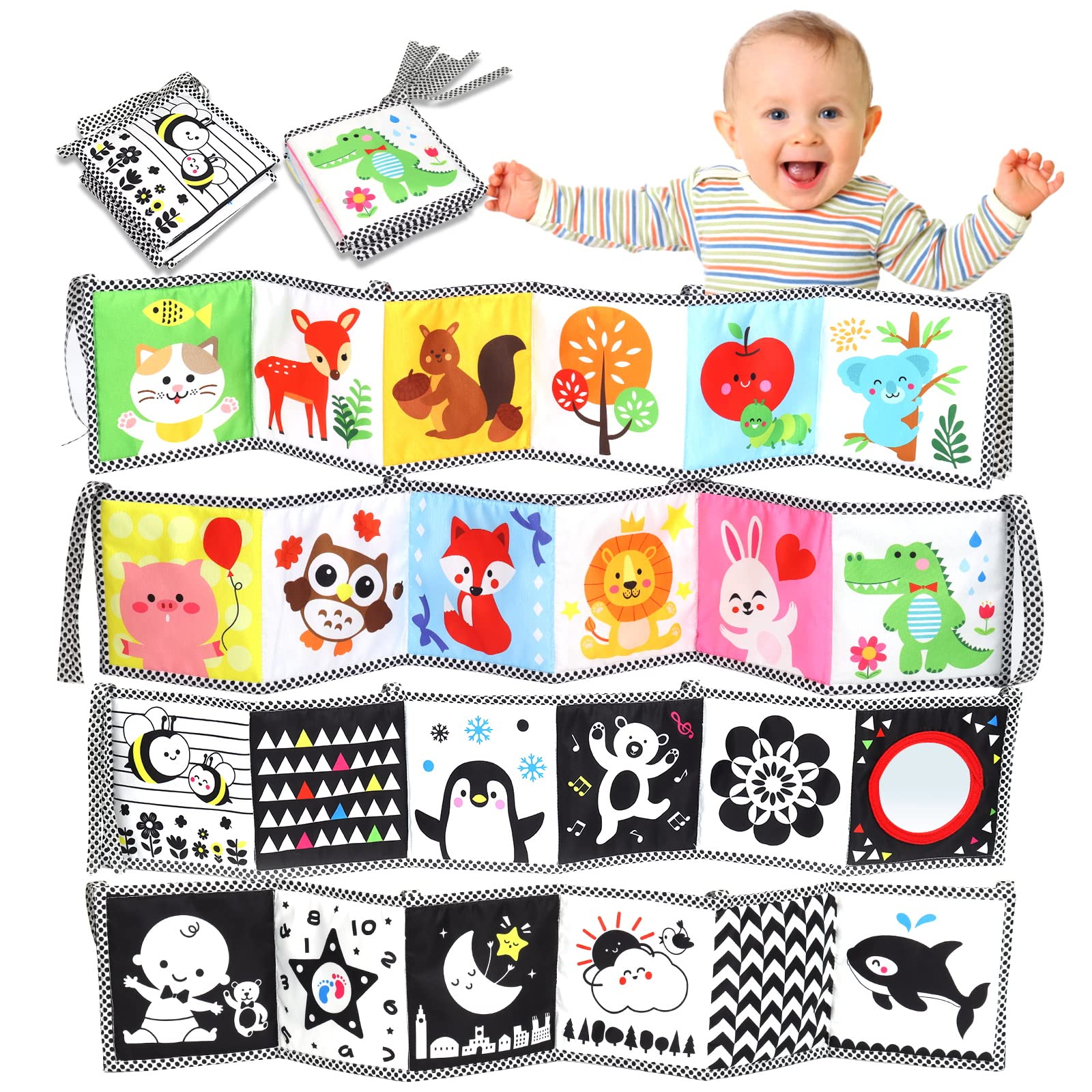 Okooko Black And White High Contrast Soft Baby Books 2Pcs Washable Tummy Time Toy Crib Stroller Toy Montessori Sensory Toy Early