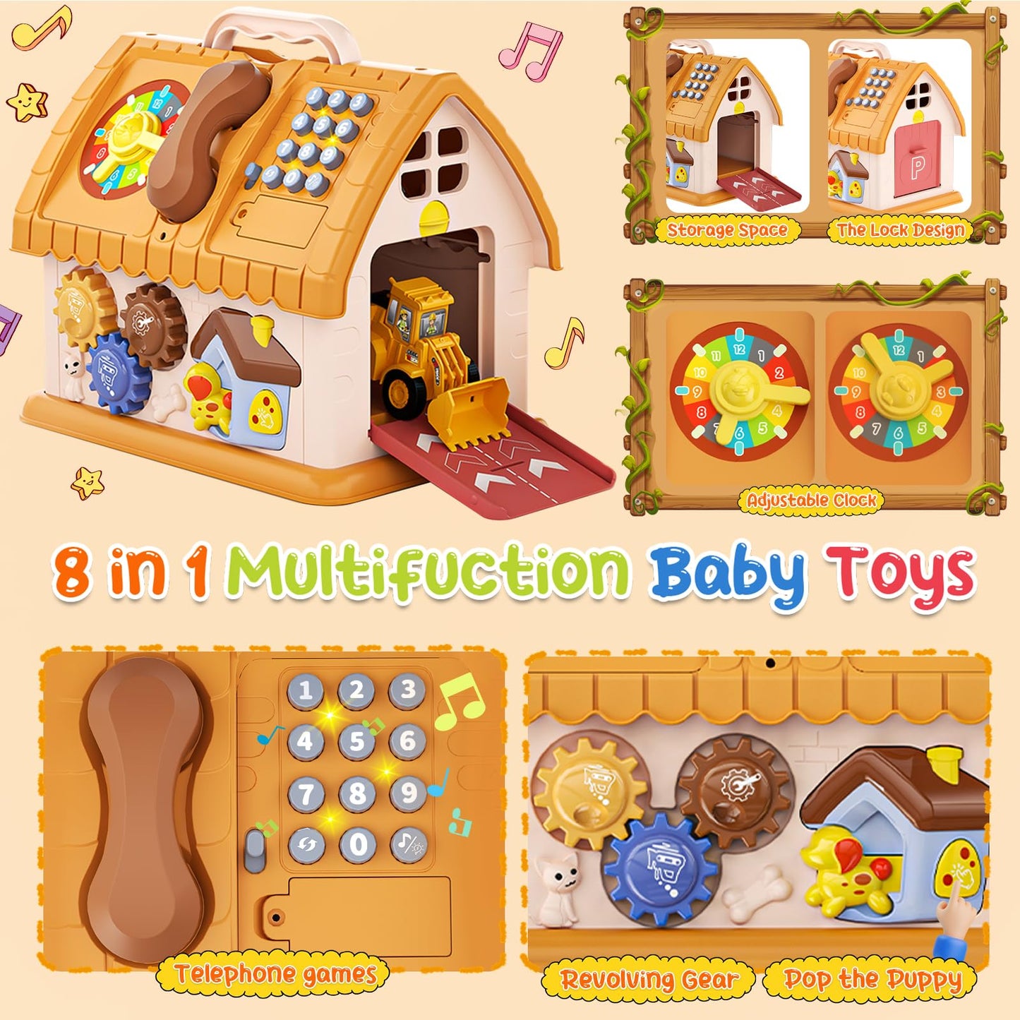 Toys For 1-2 Year Old Gifts, Montessori Toddlers Toys With Sound/Lights/Music/Clock/Car/Telephone, 8 In 1 Multi-Functional House