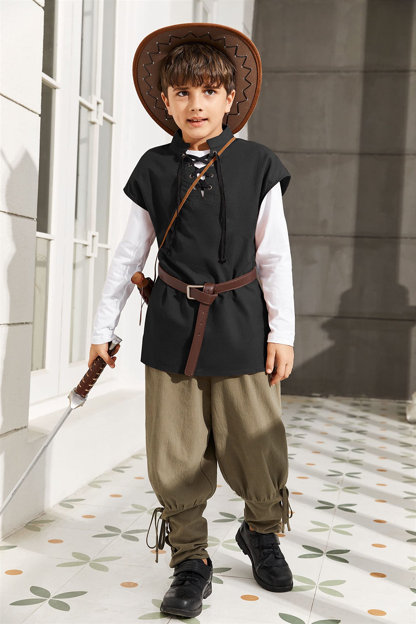 Boys Renaissance Pirate T Shirts Viking Medieval Sleeveless Lace Up Costume Scottish Cotton Tank Tops
