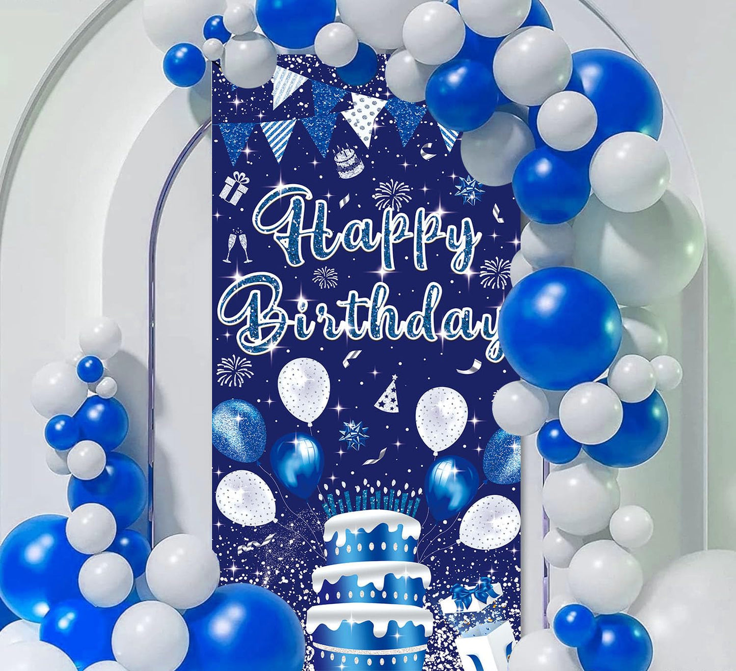 Gya 3X6Ft Blue Silver Birthday Door Banner Navy Blue Glitter Sequin Happy Birthday Background Cake Balloons Gifts Backdrops Kids