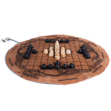 Handcrafted Viking Hnefatafl Set - 100% Genuine Ox-Bone Pieces, Premium Leather Mat, Black - Norse Tradesman, Easy Storage & Travel
