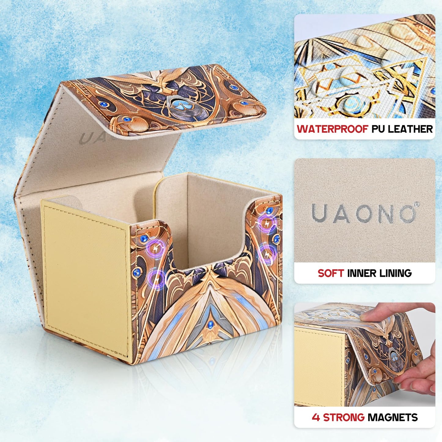 Uaono Card Deck Box For Yugioh, Trading Card Storage Box Holds 120+ Sleeved Commander Deck, Pu Leather Card Box Suits Tcg Magic Cards With 2 Dividers (Light Yellow,Puzzle)