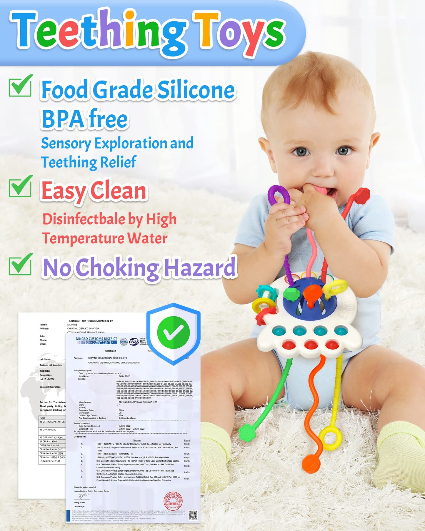 Yetonamr Baby Sensory Montessori Toys For 6-12-18 Months, Blue Pull String Teething Toy, Stocking Stuffers Birthday Gift Travel