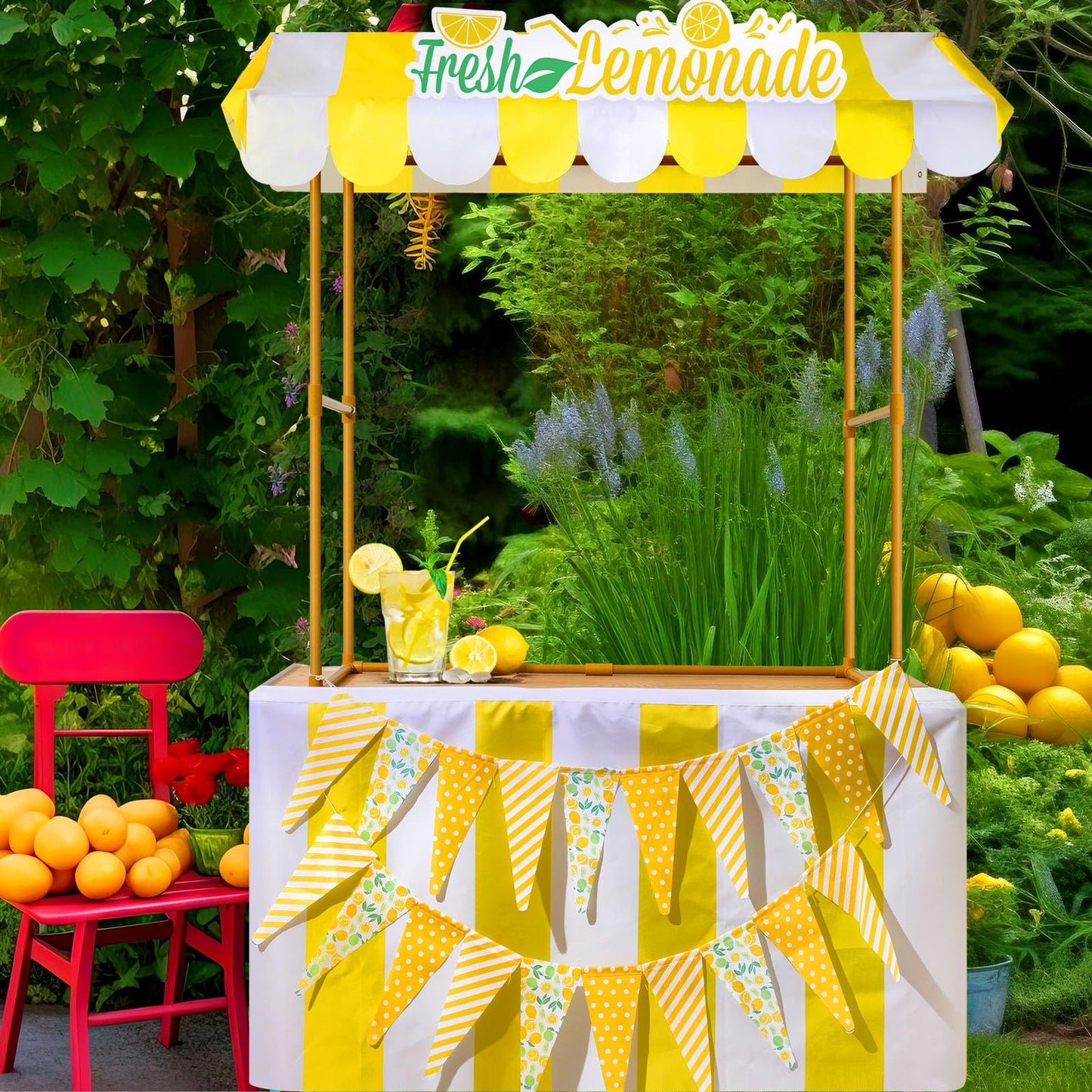 Tioncy Lemonade Stand Kit - 6 Pcs Decor Set with Shelf, Banner, Roof, and Pennant for Outdoor Lemon Themed Parties - Multicolor