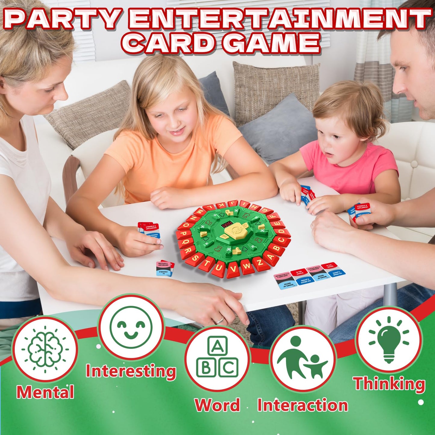 Resflycheng Word Game Family Board Game with Digital Display Timer, 2 Modes, 35 Cards, Fun Fast-Paced 24-Letter Game for Kids &