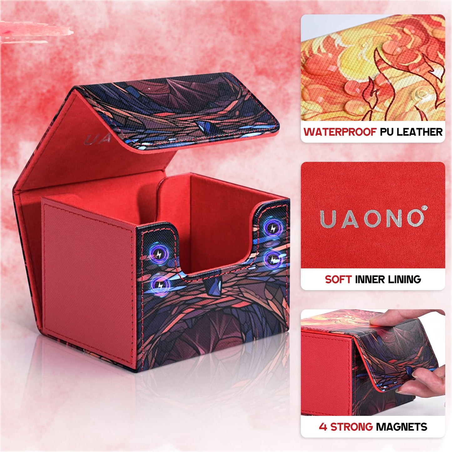 Uaono Deck Box For Mtg Cards, Trading Card Storage Box Holds 120+ Sleeved Commander Deck, Pu Leather Card Box Suits Tcg Magic Cards With 2 Dividers (Red,Flame)