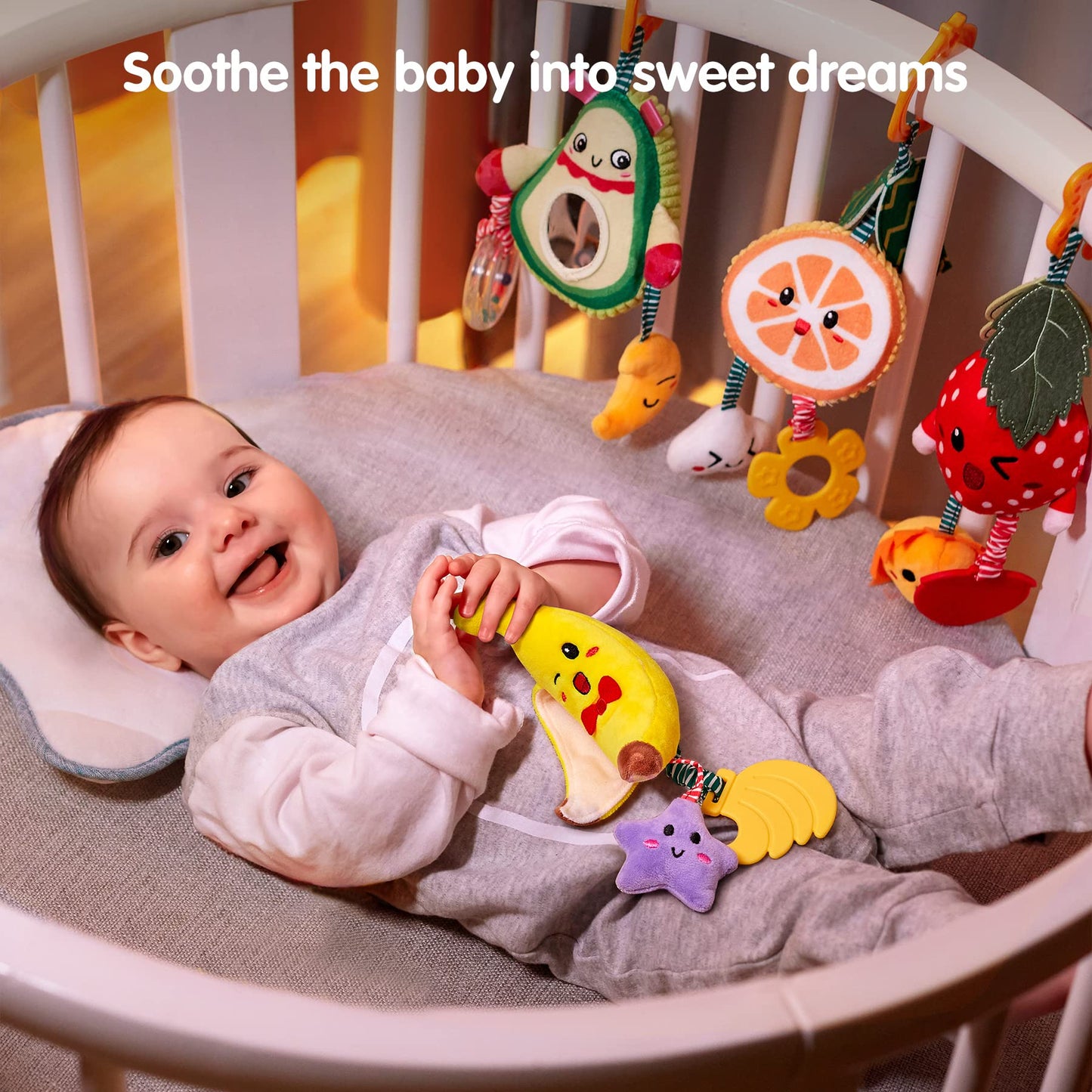 Tumama Baby Toys For 3 6 9 12 Months,Hanging Fruit Rattles Avocado,Banana,Orange And Strawberry,Stroller Mobile Toys,Plush Soft Rattles For Boys,Girls Christmas Gifts,4 Pack