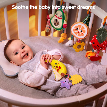 Tumama Baby Toys For 3 6 9 12 Months,Hanging Fruit Rattles Avocado,Banana,Orange And Strawberry,Stroller Mobile Toys,Plush Soft Rattles For Boys,Girls Christmas Gifts,4 Pack