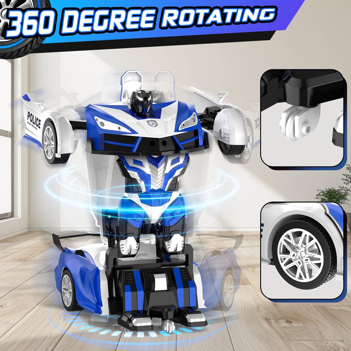 Febyhim Remote Control Car For Boys 4-7, 2.4Ghz Rc Car 1:18 Scale, One-Button Transforming Toy With 360 Spins, Led Lights (Blue)