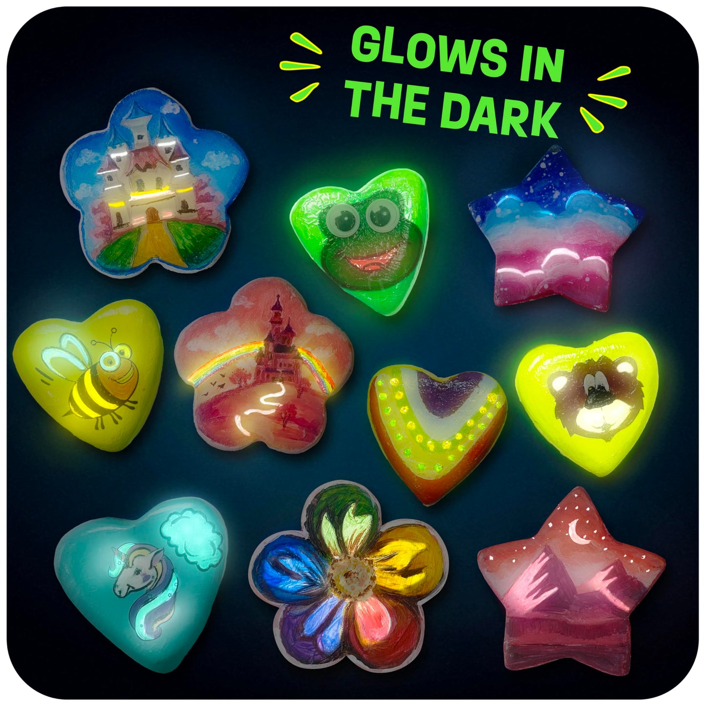 Heart, Flower & Star Shaped Rocks - Glow in The Dark Rock Painting Kit for Kids - Arts & Crafts Toys for Kids Ages 6-12 - Valent