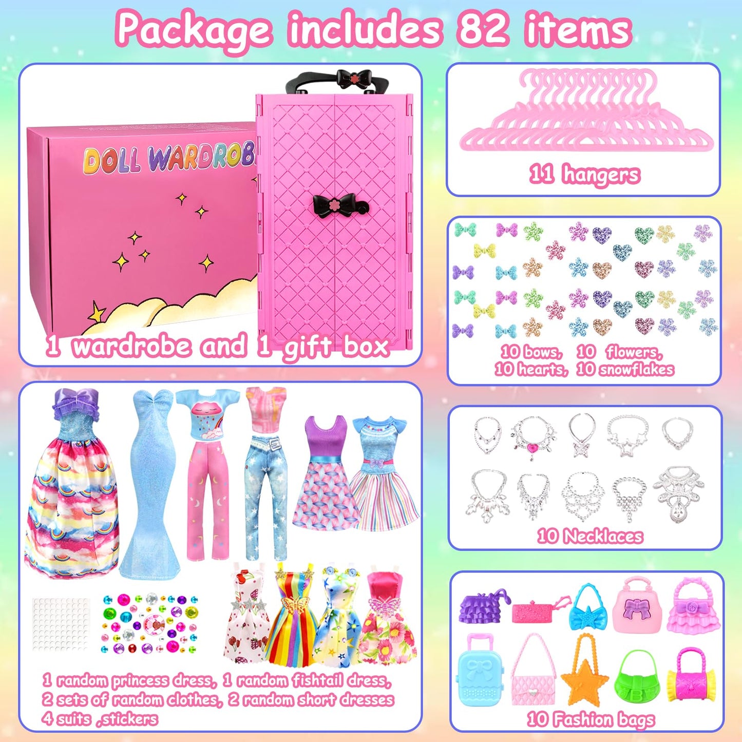 82Pcs Doll Clothes And Accessories With Doll Closet For 11.5 Inch Doll - Fashion Design Doll Set Including Wedding Dress Fashion Dresses Outfits Tops And Pants Hangers Bags For Girls
