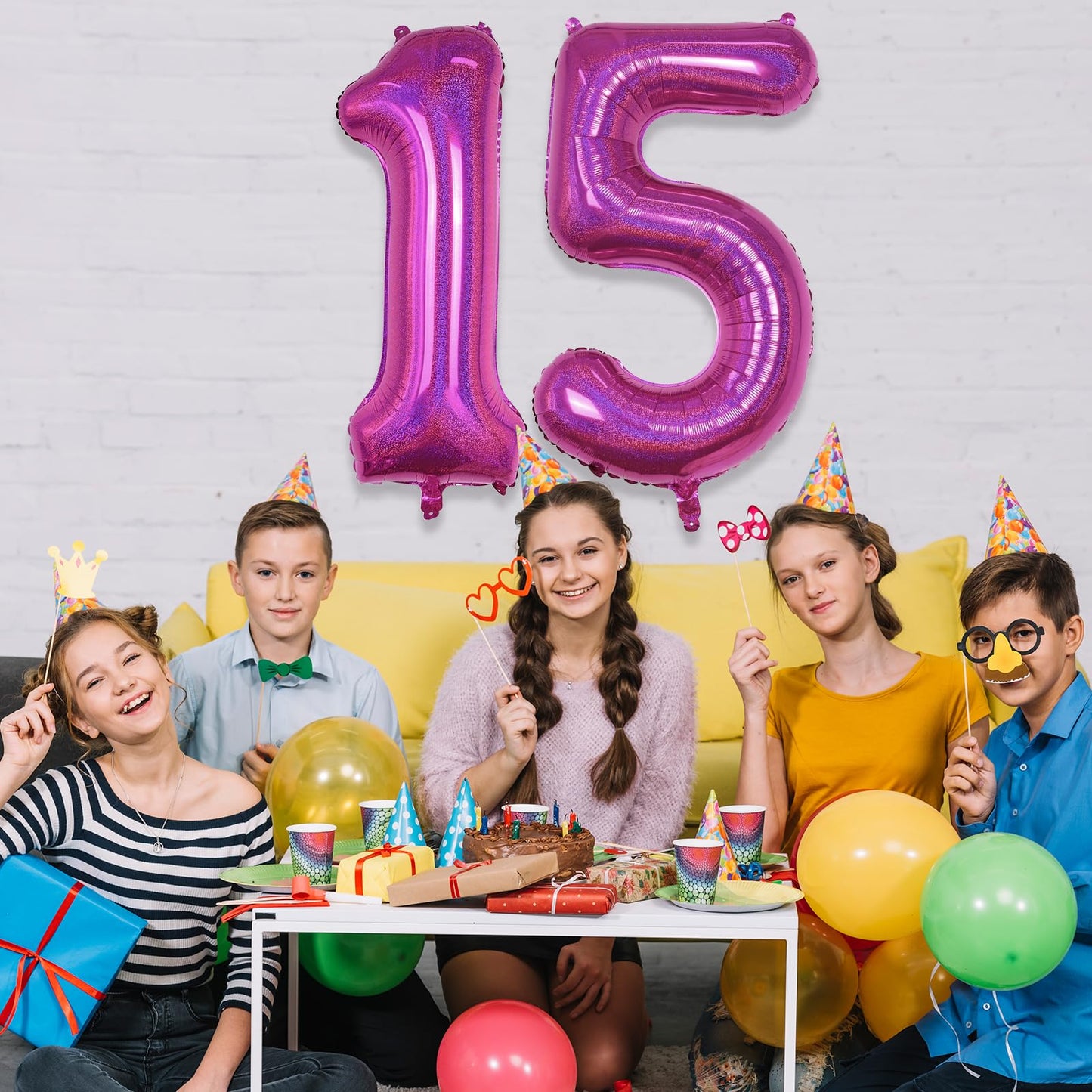 Giant Number 15 Balloons, 40 Inch Laser Hot Pink Foil 15 Balloon Number Men Anniversary Decor, Bright Pink Helium Self Inflating