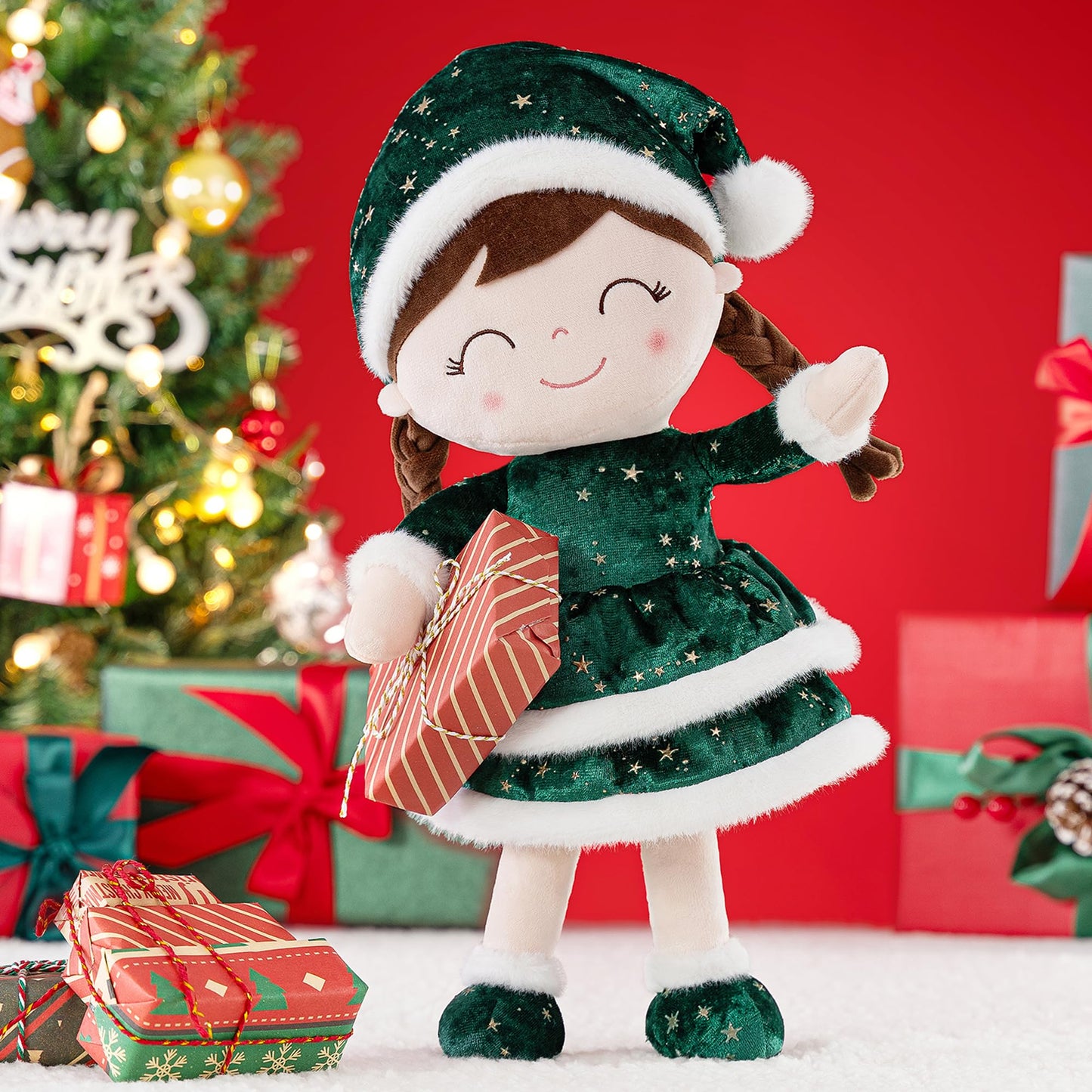Gloveleya Soft Plush Doll Christmas Girl Dolls With Green Dress, Gift Box & Free Card - Perfect Holiday Or Birthday Gift For Toddlers 2-8 Ages, 16'