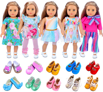 Zita Element 11 Pcs American Doll Clothes Dress And Accessories For 18 Inch Doll - 5 Sets Doll Outfits + 2 Pairs Random Style Shoes For 18 Inch Doll
