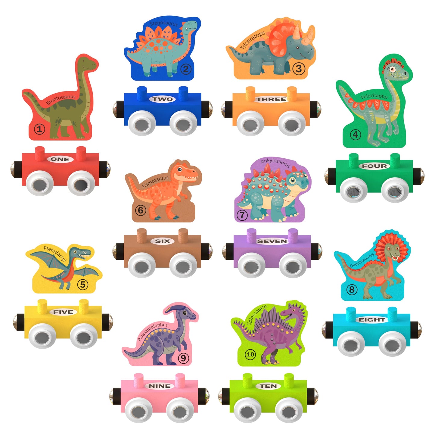 ORBRIUM 23-Piece Dinosaur Train Set - STEM Toy & Educational Game with Wooden Train Cars, Dice, Shapes & Colors - Montessori Lea