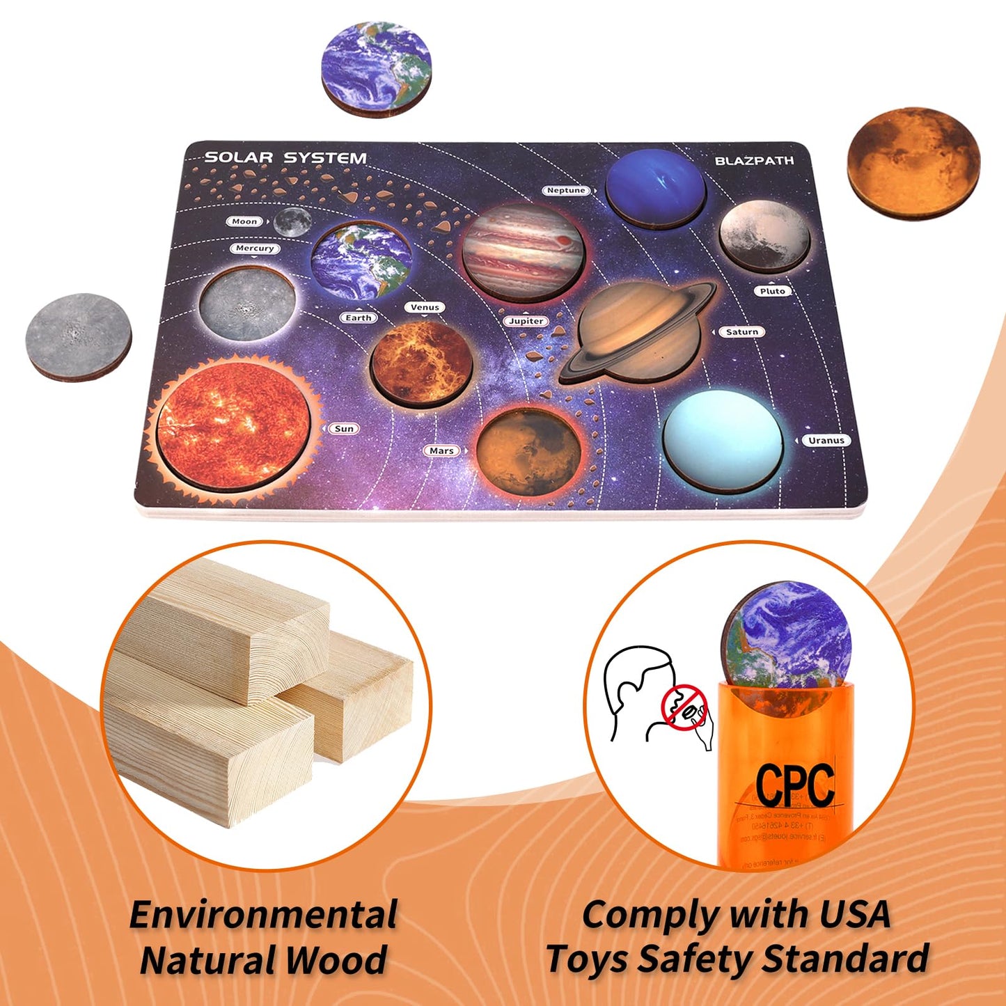 Blazpath Solar System Planet Space Wooden Puzzle Toys For Kids 3-5, Toddler Montessori Educational Match Planet Board Sensory To