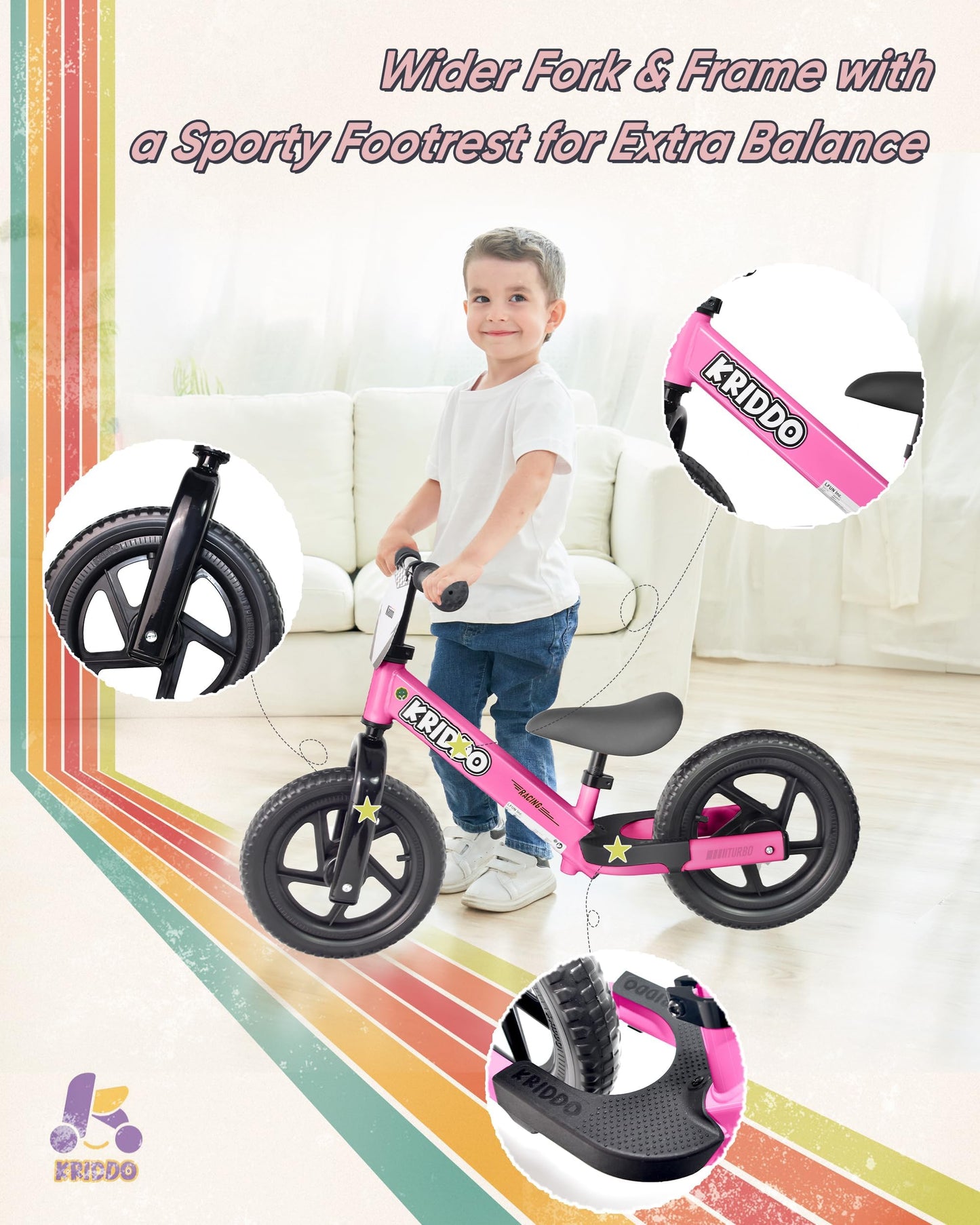 KRIDDO Balance Bike 2 Year Old, Toddler Balance Bike for Kids Aged 2-5, with DIY Colorful Stickers, Non-Slip Sporty Footrest, Ra