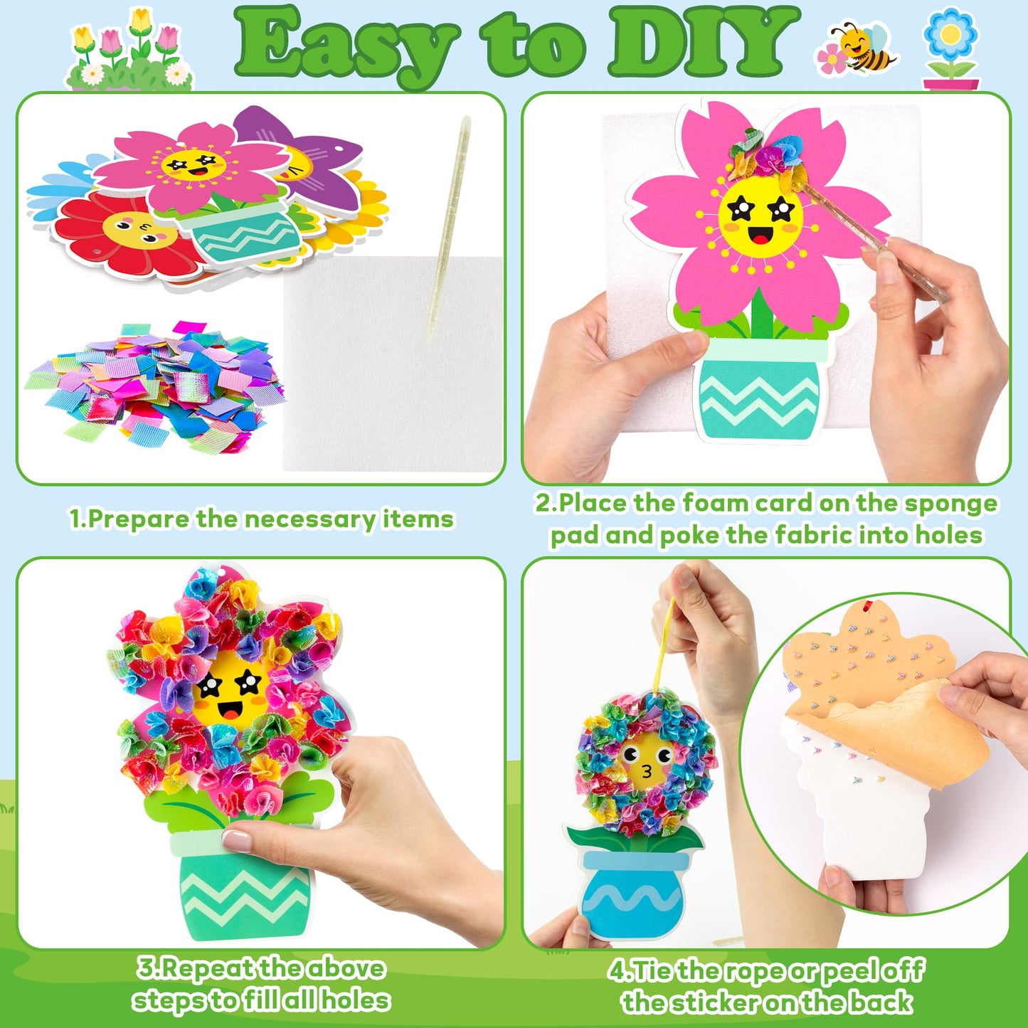 3sscha 12 Packs Spring Flower Poking Craft Kit - Mothers Day Creative DIY Foam Flower Pot Poke Fabric Art Set Make Your Own Car