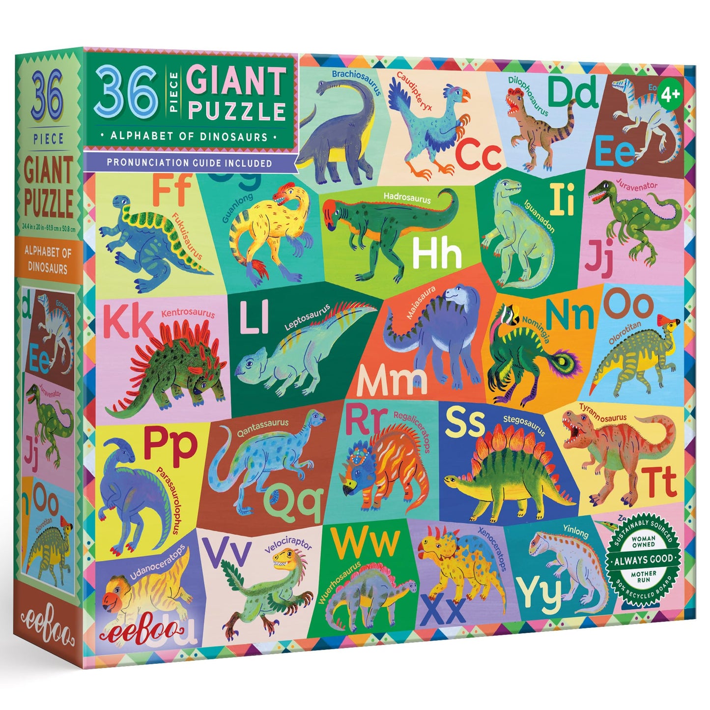 eeBoo: Dinosaur Alphabet Giant Puzzle - 36 Piece - 26 x 21 Prehistoric Floor Jigsaw, Oversized Pieces, Educational Dino Pronunci