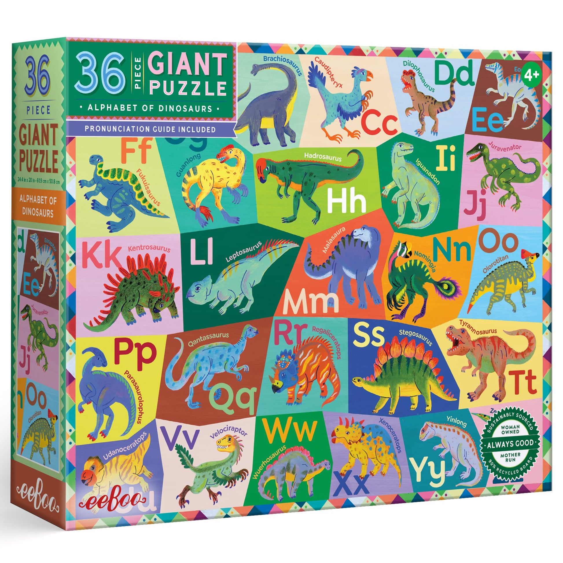eeBoo: Dinosaur Alphabet Giant Puzzle - 36 Piece - 26 x 21 Prehistoric Floor Jigsaw, Oversized Pieces, Educational Dino Pronunci