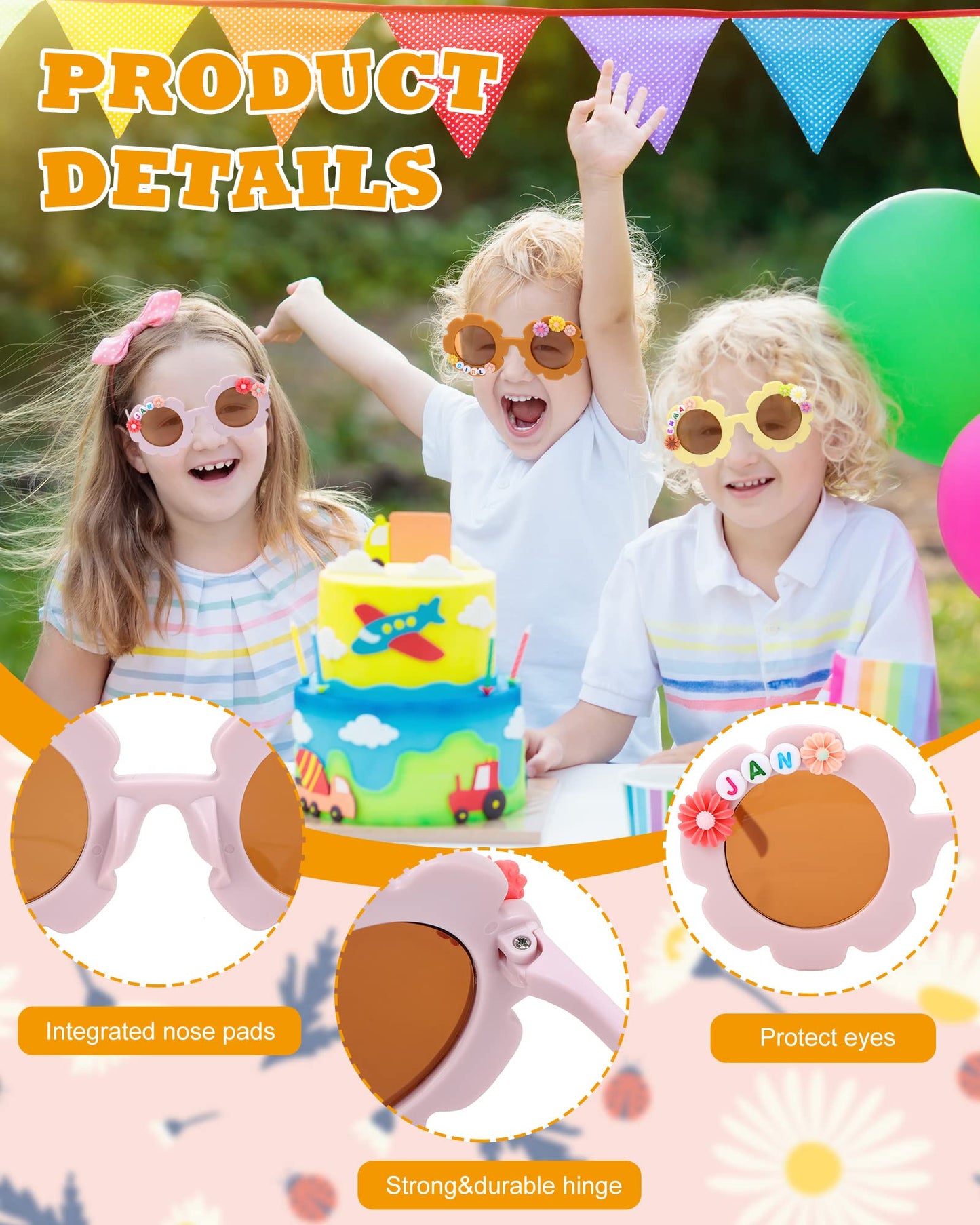 Cindeer 24 Pairs Flower Sunglasses Kids DIY Round Boho Flower Sunglasses Set Includes 100 Pcs Daisy Charm 416 Letter Beads and G