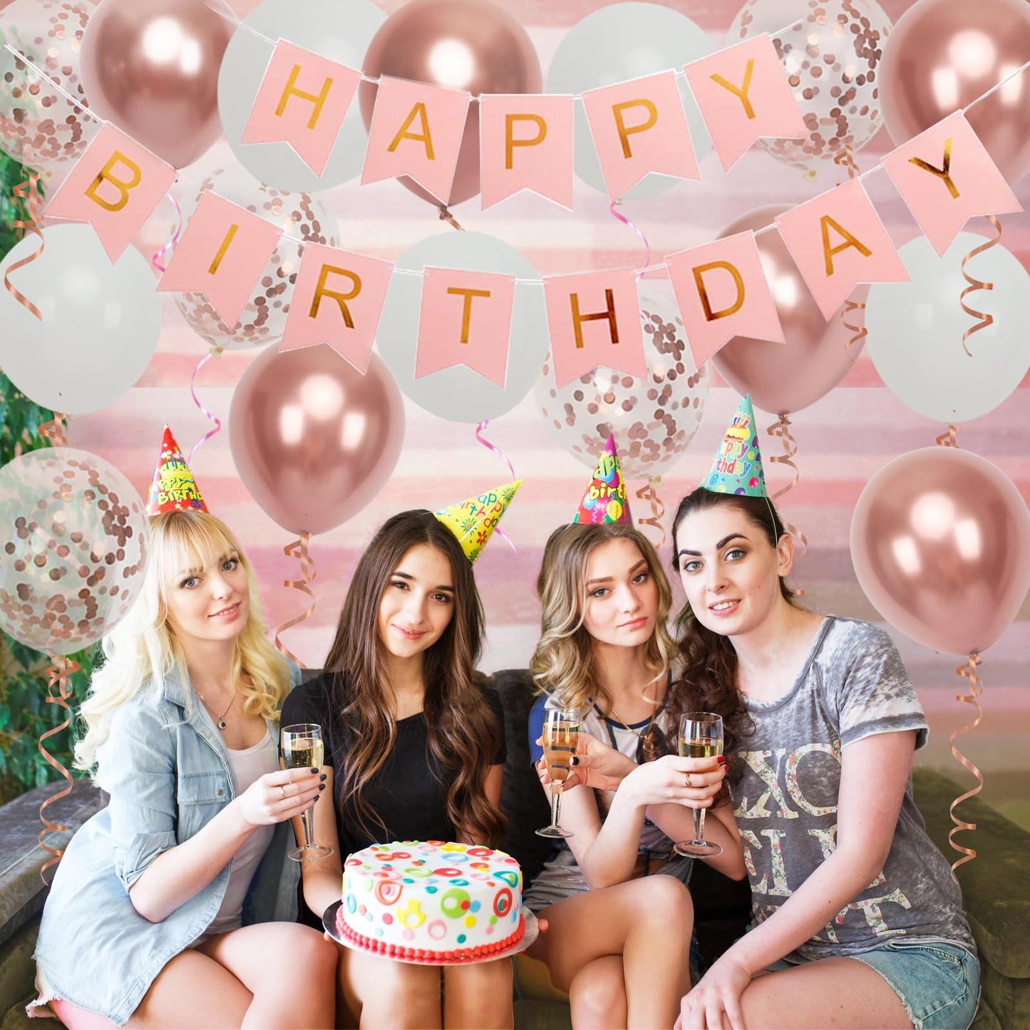 Happy Birthday Banner, Rose Gold Birthday Decoration, 16 Pcs 12 Inch Happy Birthday Balloons With 2 Ribbons For Girl And Women B