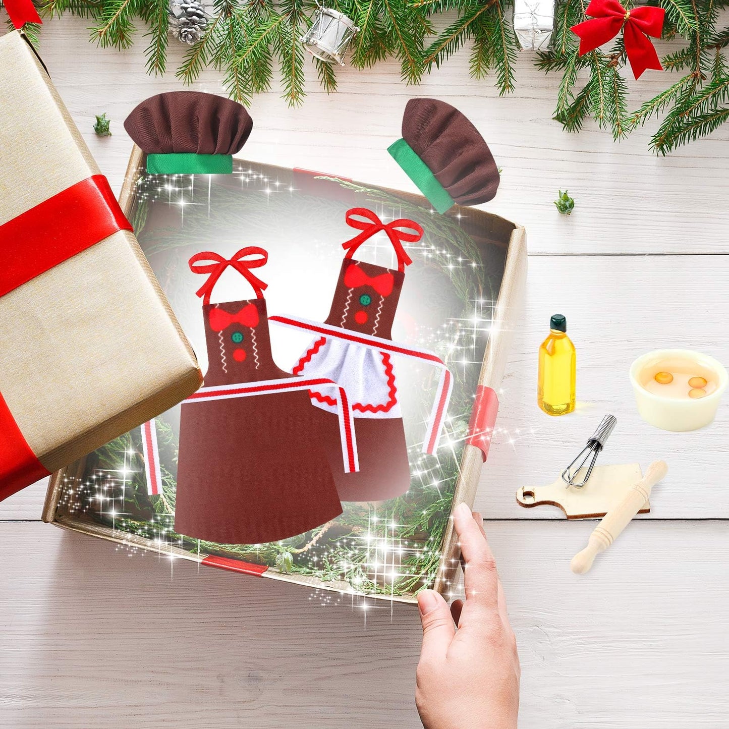 Hungdao Christmas Elf Accessories Mini Elf Doll Baker Outfit Set Include Apron Hats Rolling Pin Egg Cookie Tray Set Mixing Bowl For Xmas Elf Doll Decorations, Doll Is Not Included (Cute Style)