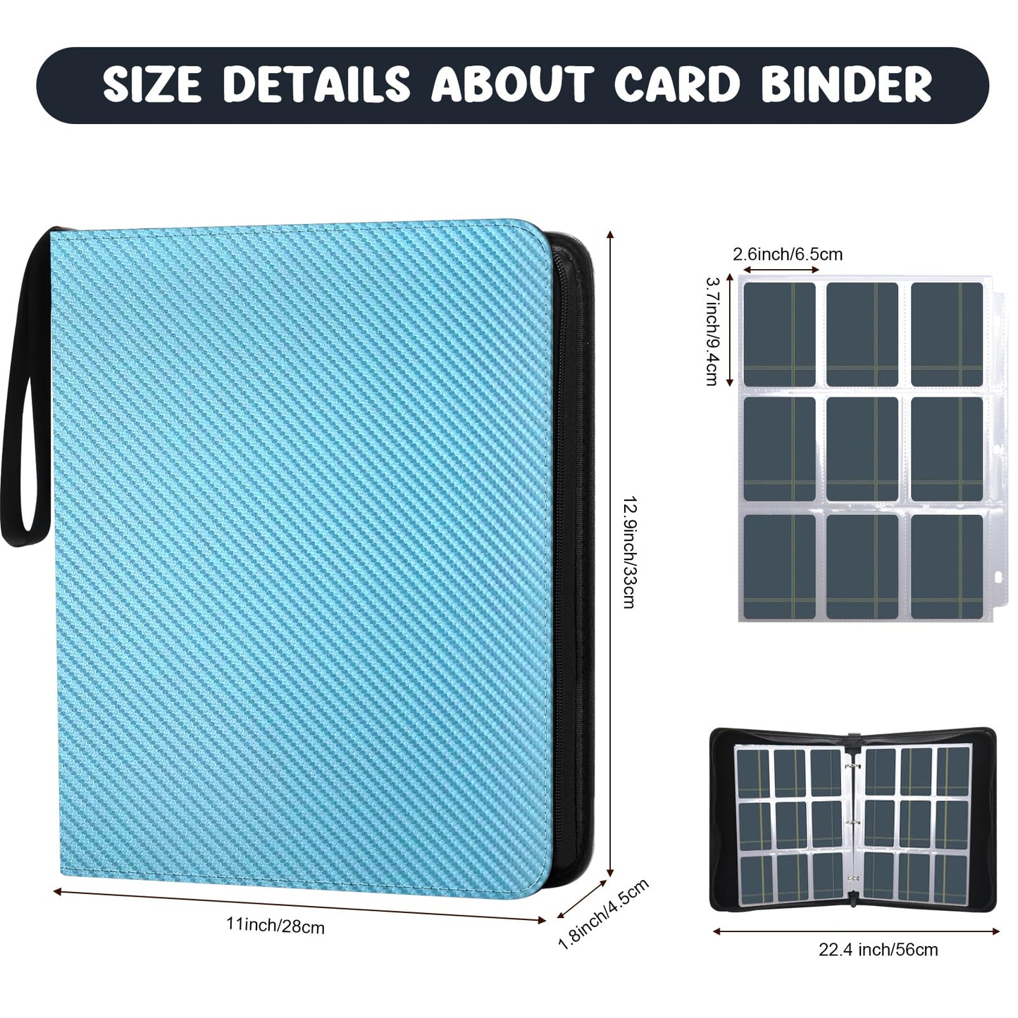 9 Pockets Trading Card Binder  HYMENEX 900 Pockets Baseball Card Binder with Sleeves and Zipper for Game Sports Cards and Kids Organized (Light Blue)