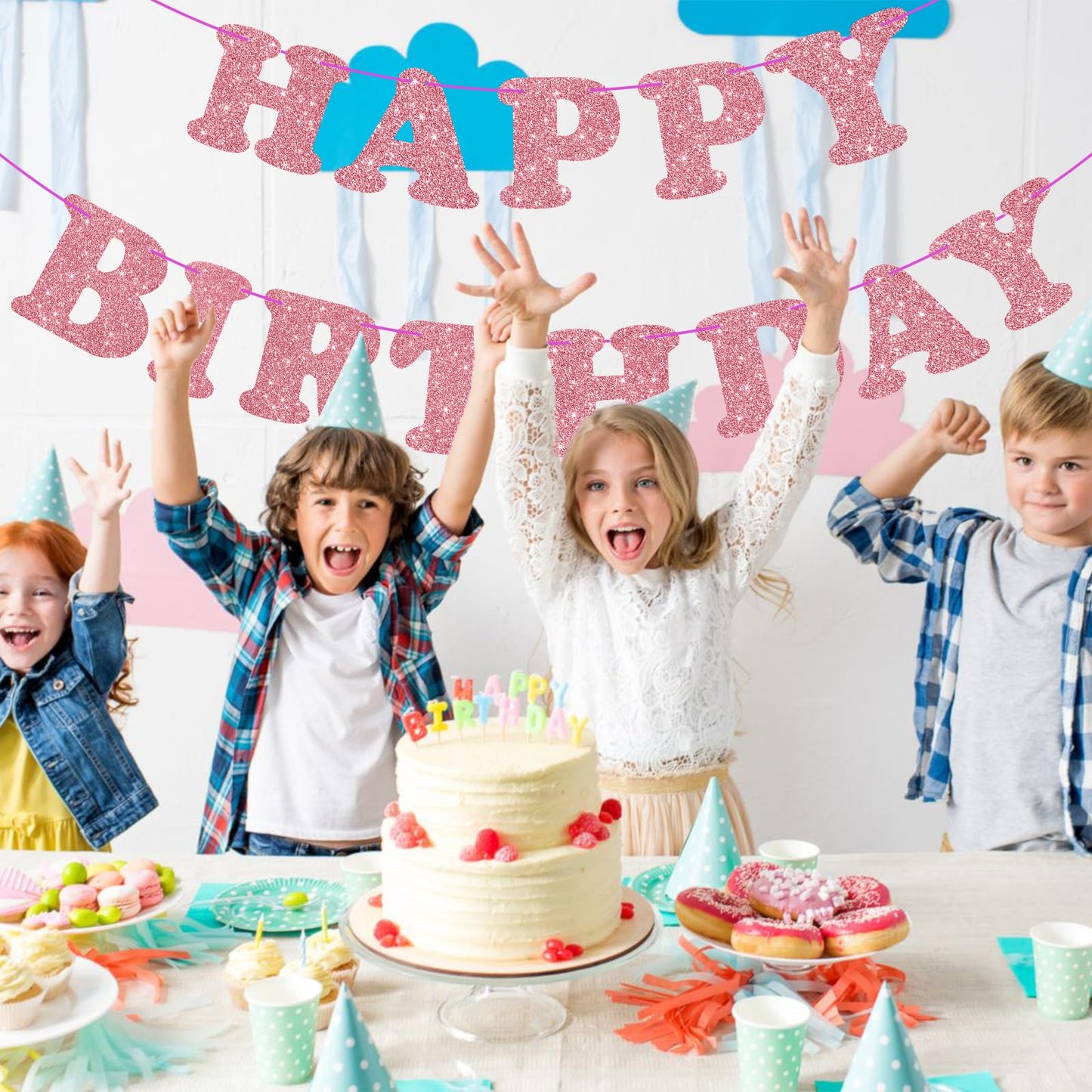 Glitter Rose Gold Birthday Banner Sign With Shiny Letters, Glitter Happy Birthday Bunting Banner Flag Garland For Kids Boys Baby Birthday Party Decorations Supplies