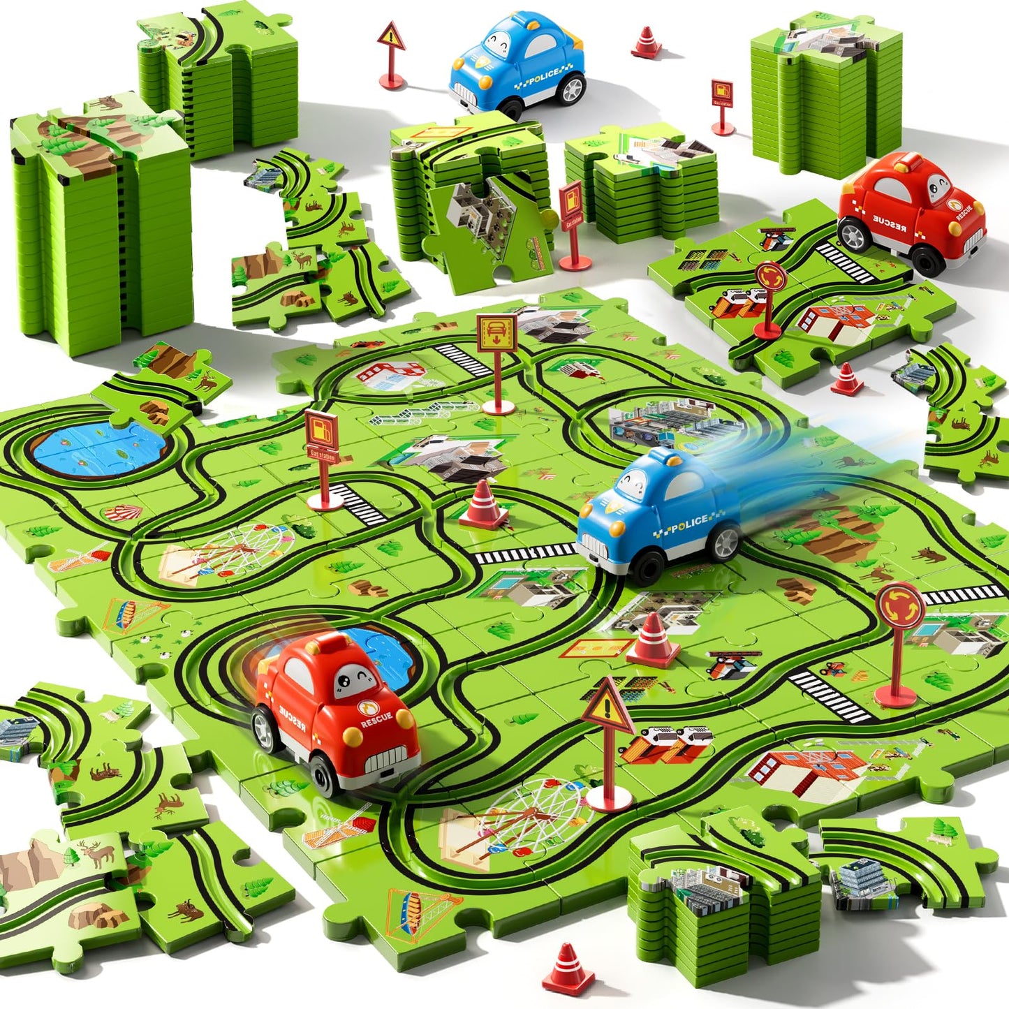 Beby Buty 48 PCS Puzzle Race Track Car Set for Toddlers - Green Plastic Track Toys for Ages 3-5, Gifts for Boys & Girls