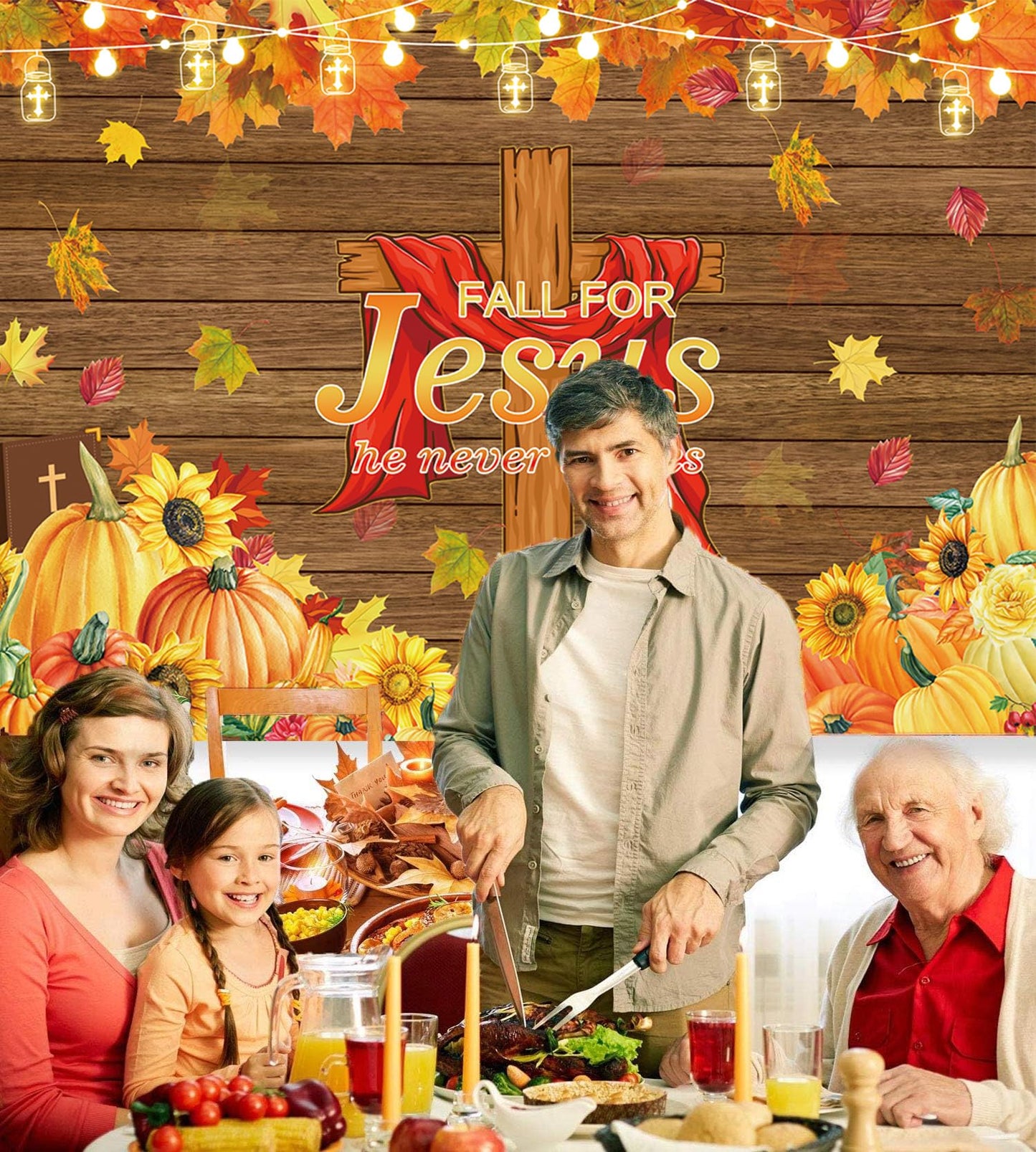 LTDKAEN Fall for Jesus Backdrop He Never Leaves Wooden Autumn Thanksgiving Backdrop Autumn Harvest Pumpkin Maple Leaves Sunflowe