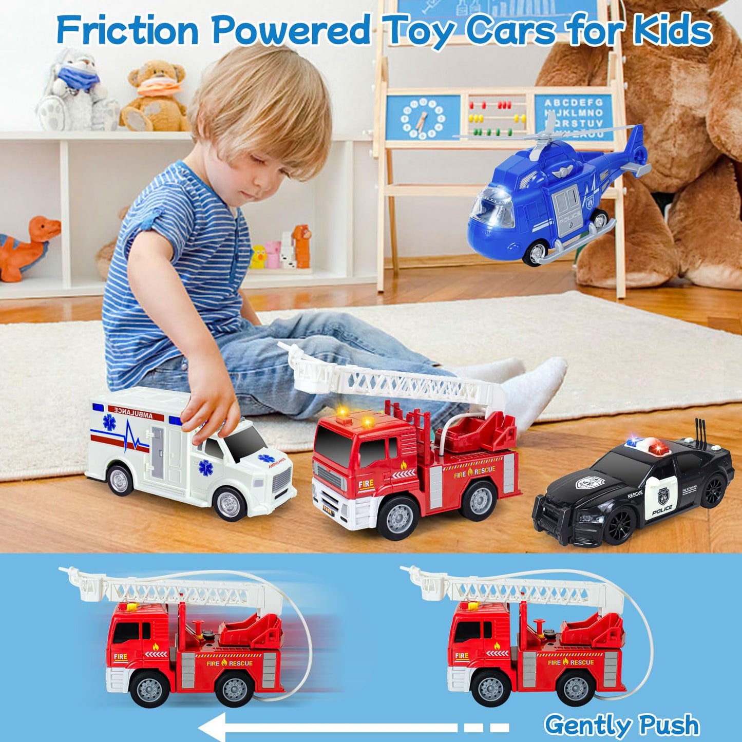 4 Pack Toy Cars- Fire Truck& Ambulance& Helicopter& Play Police Car Toys Set for 2 3 4 5 6 Year Old Boys Toddlers Gift, Emergenc
