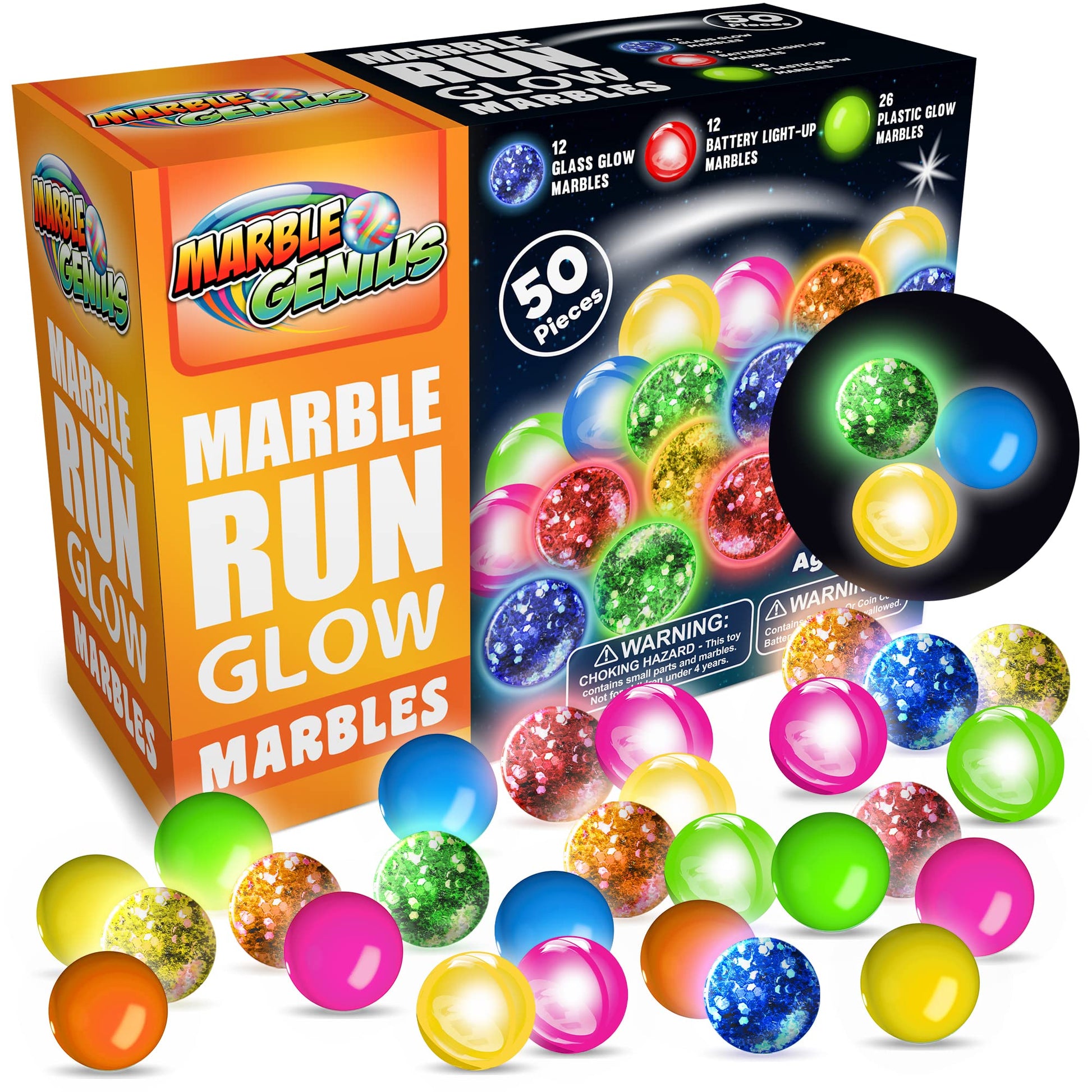 Marble Genius Marble Glow Run Race Track Set - 50Pcs, Glow In The Dark Marbles, Instruction App Access & Full Color Instruction Manual, Easter Gifts For Kids