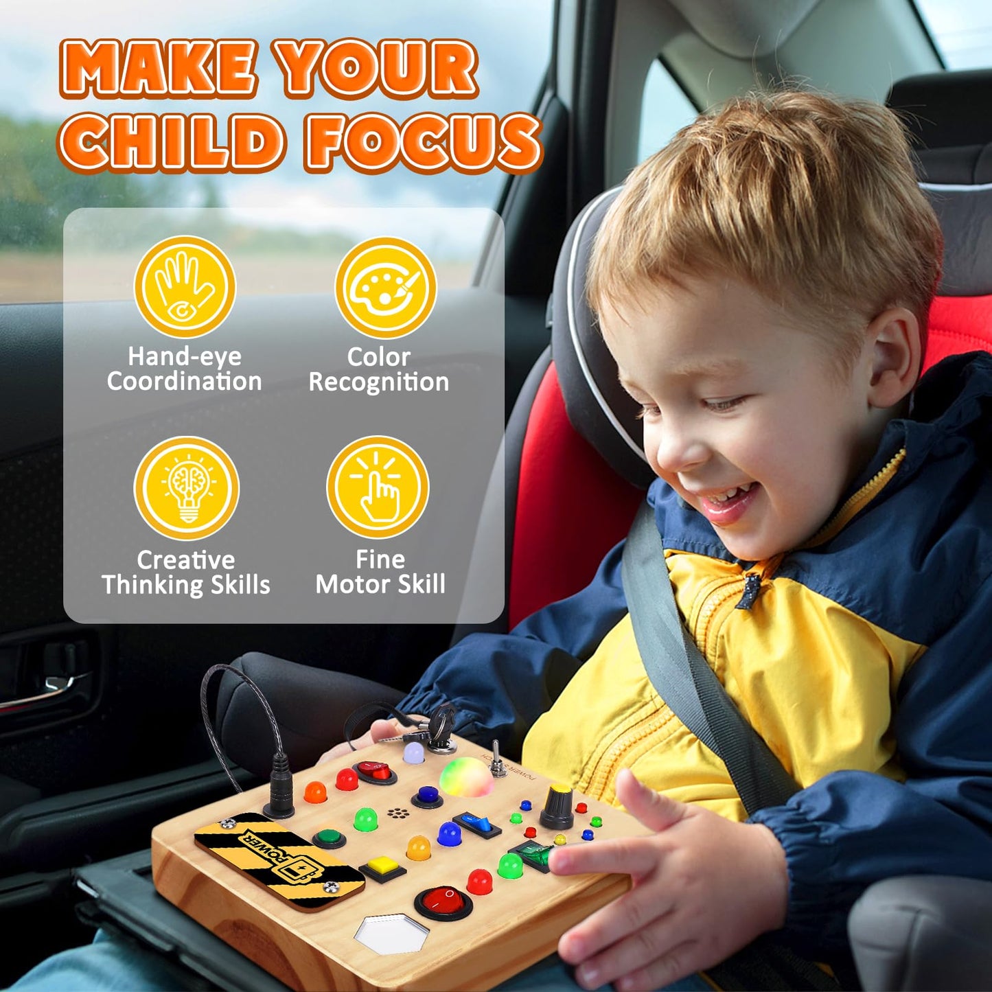 Tintecusa Busy Board With Led Light, Wooden Sensory Toys For Toddler, Montessori Music Toy For Airplane, Travel Activity Educati