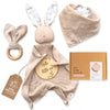 Mikito Organic Cotton Newborn Gift Box  Unisex Baby Gift Set incl. Muslin Lovey Comforter + Bandana Bib + Wooden Teether + Birth Announcement Sign