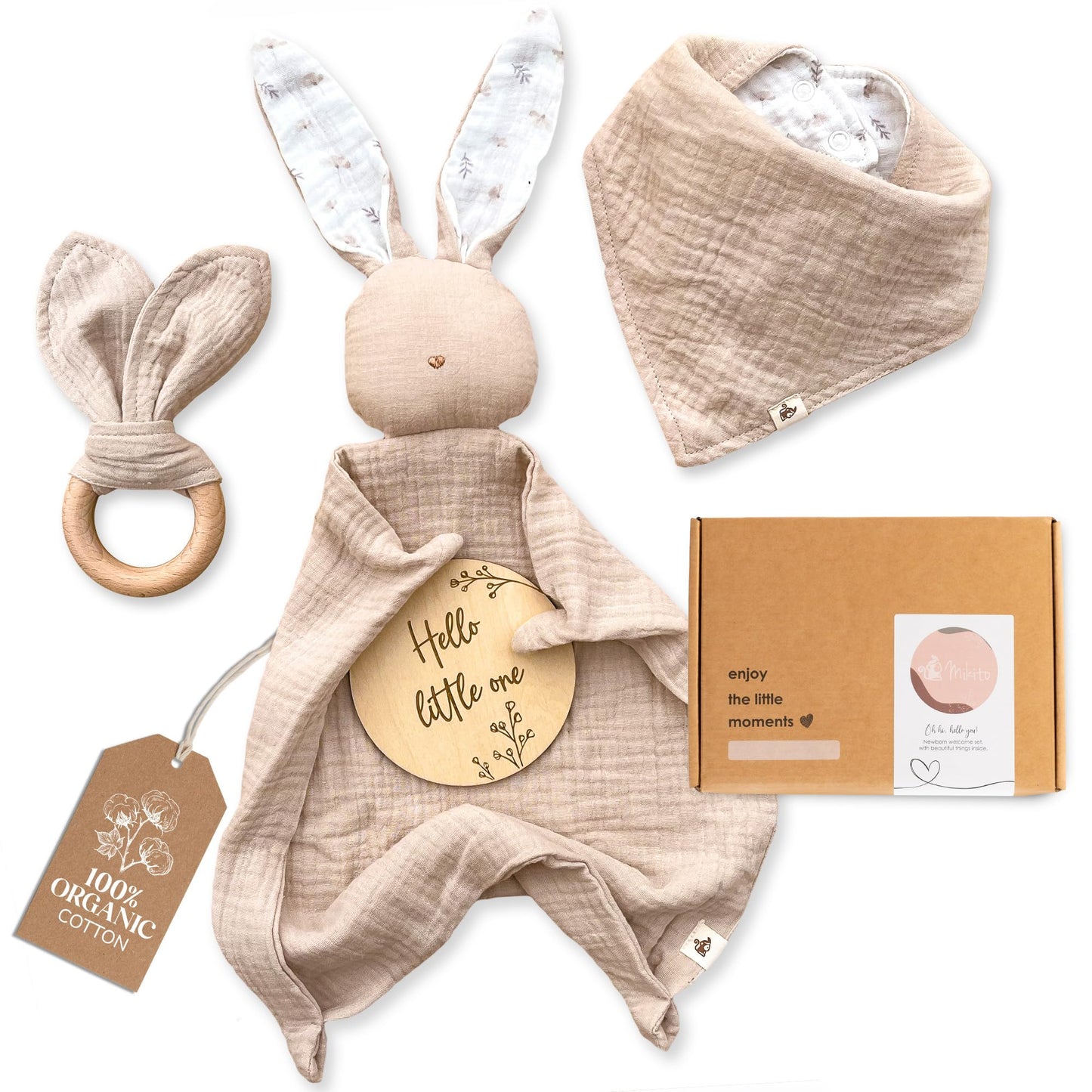 Mikito Organic Cotton Newborn Gift Box  Unisex Baby Gift Set incl. Muslin Lovey Comforter + Bandana Bib + Wooden Teether + Birth Announcement Sign