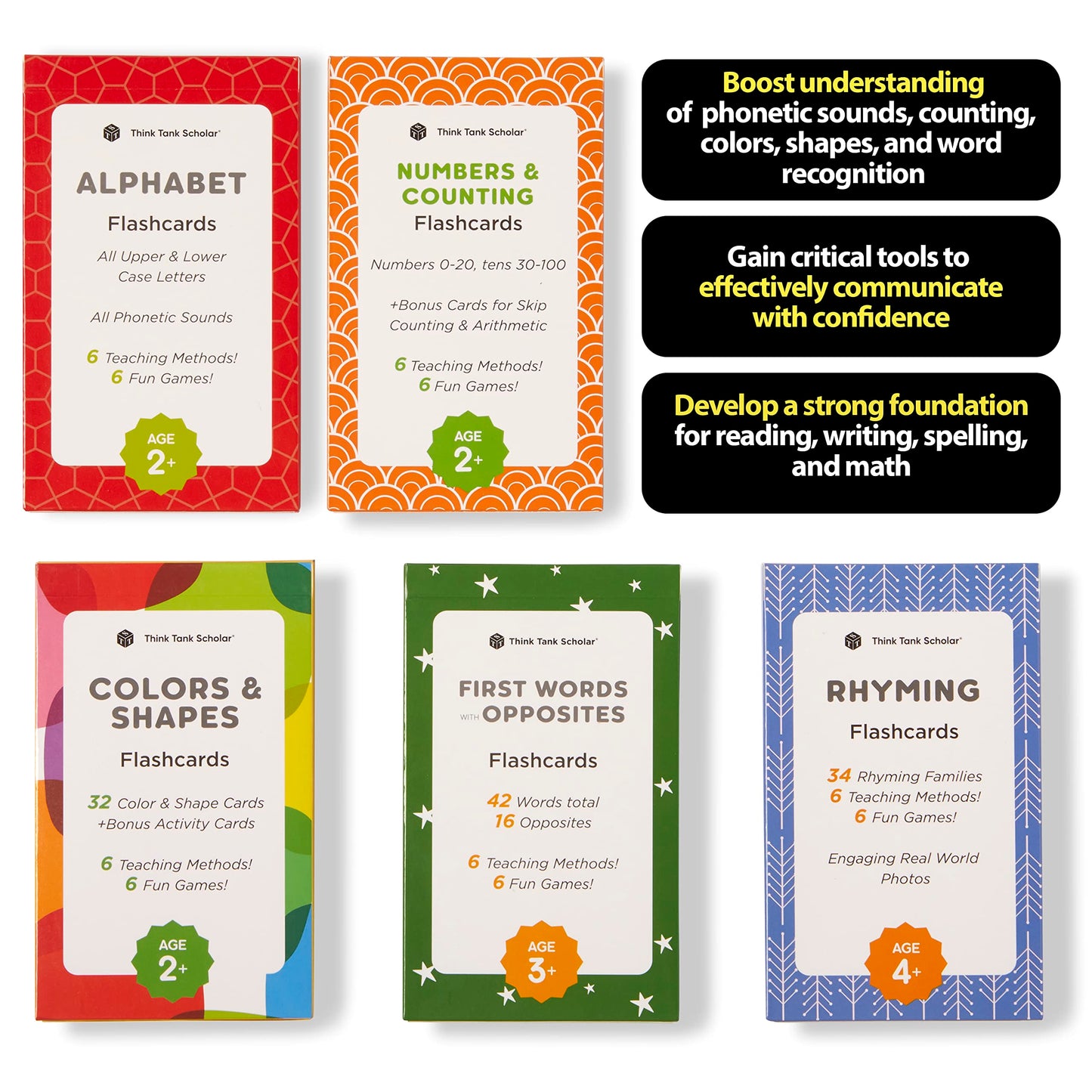 Think Tank Scholar Flash Cards For Preschool, Pre K And Kindergarten Set Of 5, 180 Cards - Learn Alphabets, Colors, Number, Shapes Animals & Sight Words - Educational Flashcards For Kids 2-5 Years