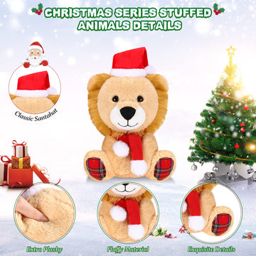 Threan 8 Inch Christmas Stuffed Animal Christmas Plush Doll With Santa Hat For Holiday Decoration Winter Gifts(Lion Style)