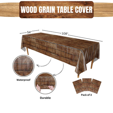 Blue Orchards Wood Grain Table Cover (Pack Of 3) - 54' X 108' Xl - Plastic Table Cloth Rectangle Table, Western Themed Party Decorations, Rustic Tablecloth, Cowboy Vintage Farm Party Decorations